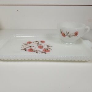 Vintage Anchor Hocking Fire King Fleurette Milk Glass Snack Plate & Cup- Floral